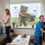 Een Coolblue bezorger levert een pakketje en installeert een TV bij een klant terwijl een Amazon kartonnen dozenrobot rondloopt buiten met drones in de lucht