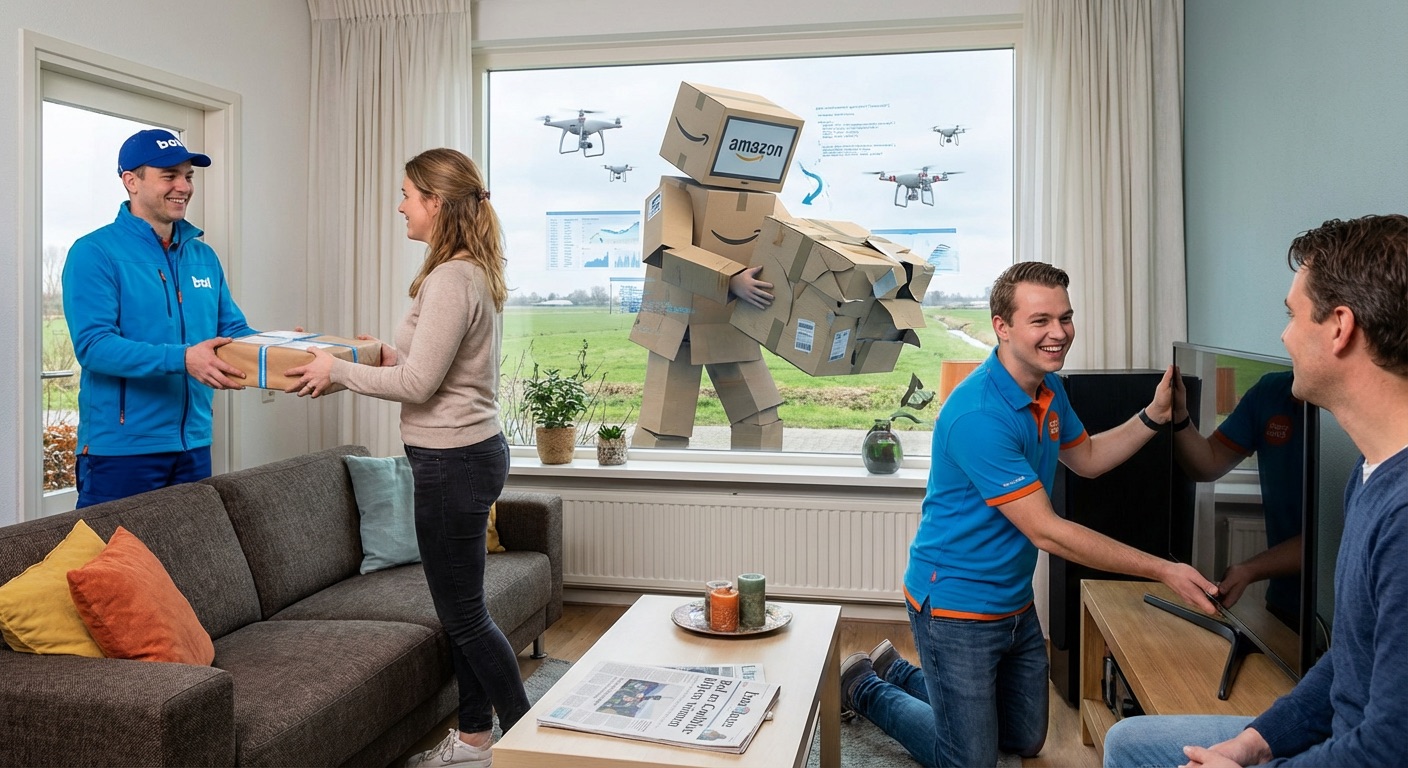 Een Coolblue bezorger levert een pakketje en installeert een TV bij een klant terwijl een Amazon kartonnen dozenrobot rondloopt buiten met drones in de lucht