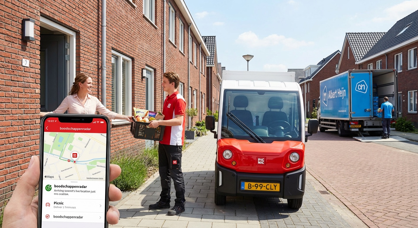 Picnic bezorger staat geparkeerd met een klein elektrisch voertuig op de stoep en een grote AH truck verderop in de straat