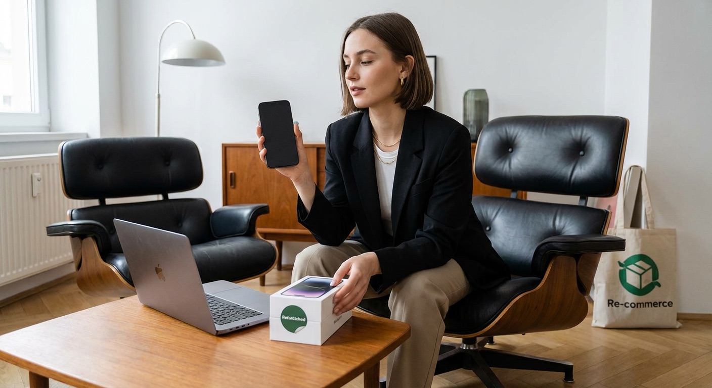 Een vrouw die een gerefurbishte telefoon in haar hand houdt