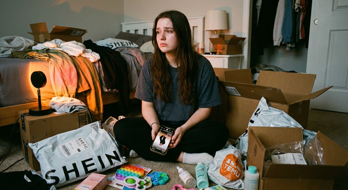 Jonge vrouw zit op de grond van een slaapkamer terwijl de grond bedekt is met Shein en Temu verpakkingen.