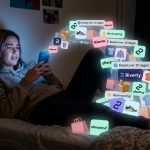 Tiener kijkt op haar telefoon naar notificaties van Klarna en andere betaalherinneringen