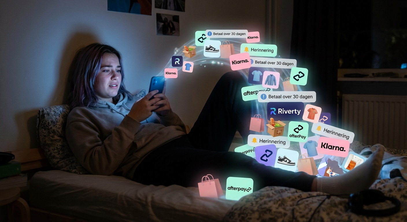 Tiener kijkt op haar telefoon naar notificaties van Klarna en andere betaalherinneringen